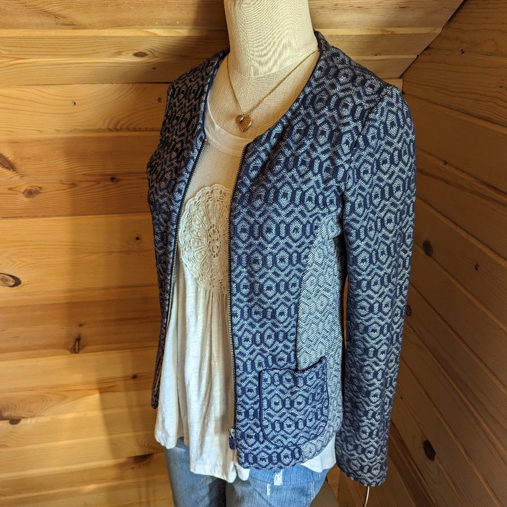 Anthropologie Rosie Neira Navy Jacquard Zip-Up Jacket